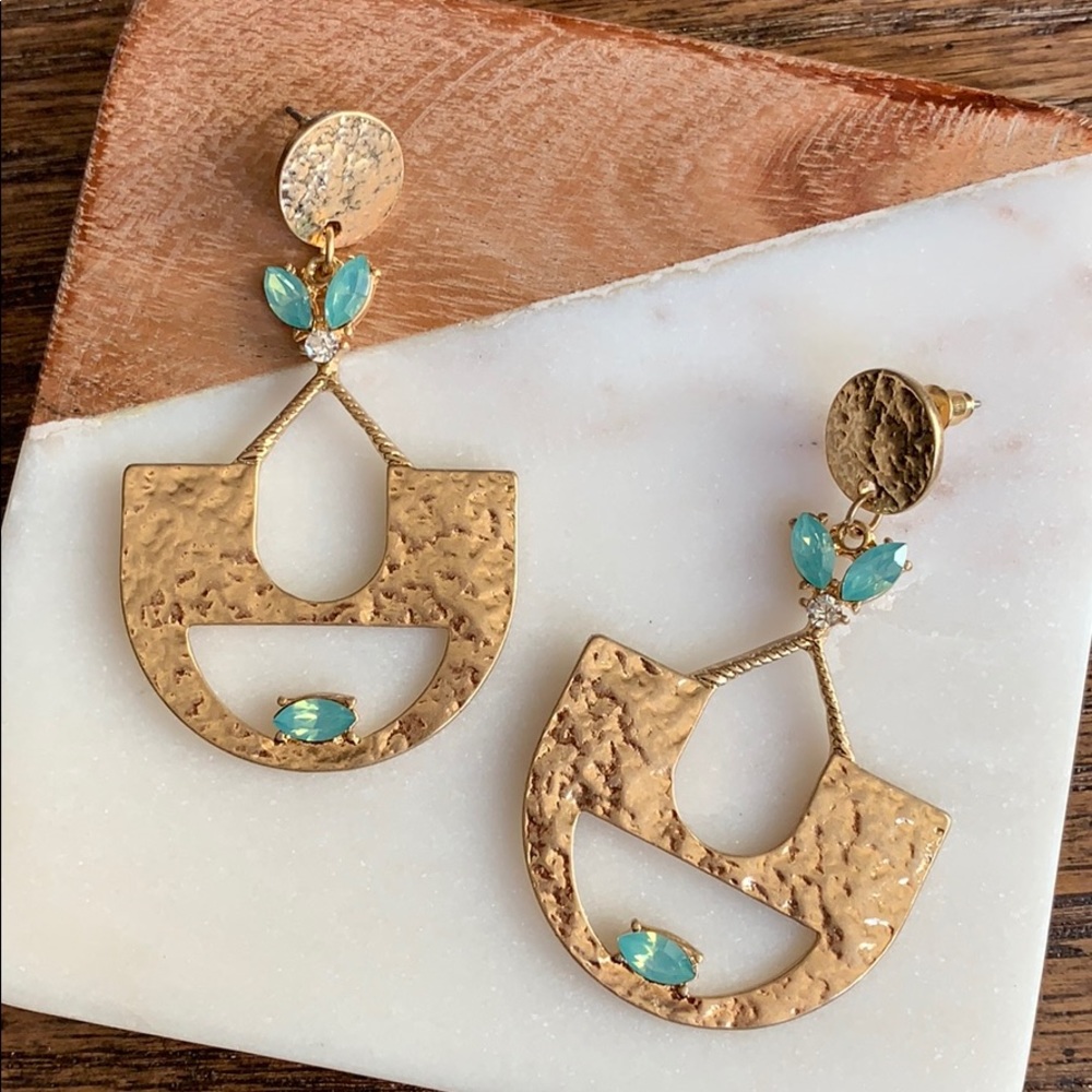 Geometric Gold and Light Blue Green Rhinestone Earrings